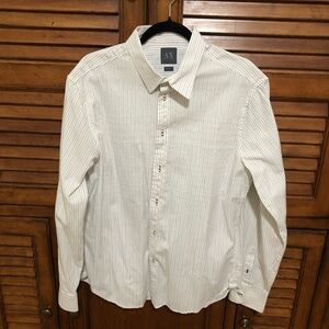 Armani Men’s White with 🖤Black & Gray🩶 Dotted Thin Stripes Shirt - Size Large